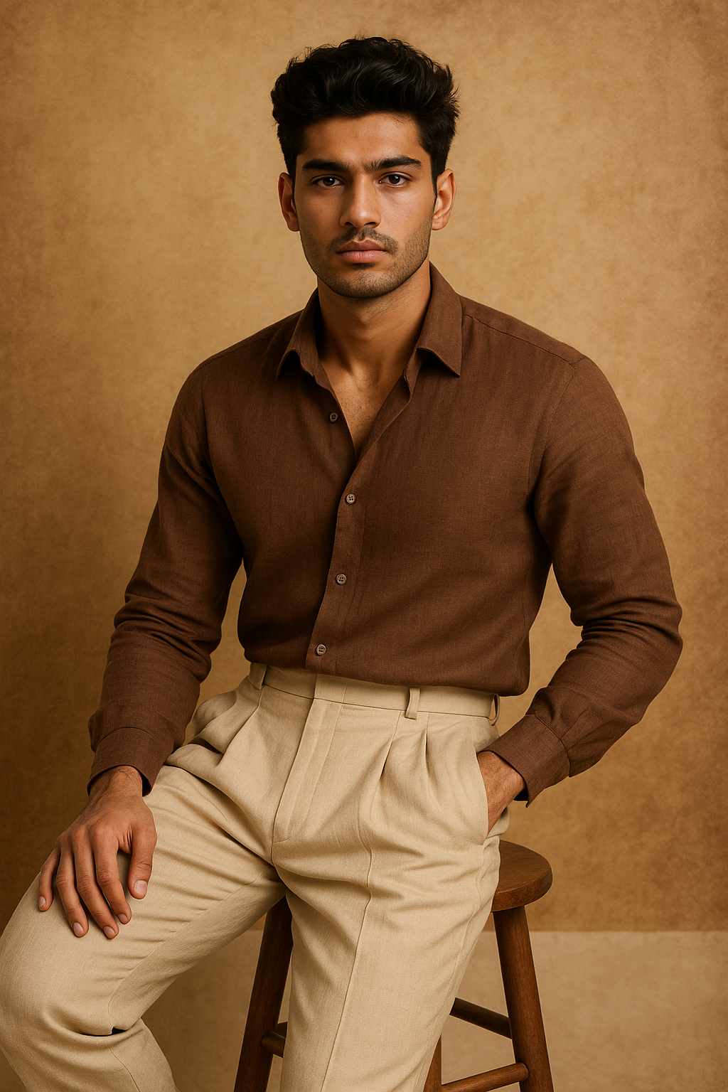 Chestnut Brown Linen Shirt with Ivory Linen Trousers – Italian Collection