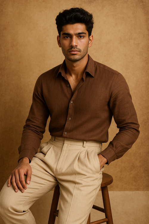 Chestnut Brown Linen Shirt with Ivory Linen Trousers – Italian Collection
